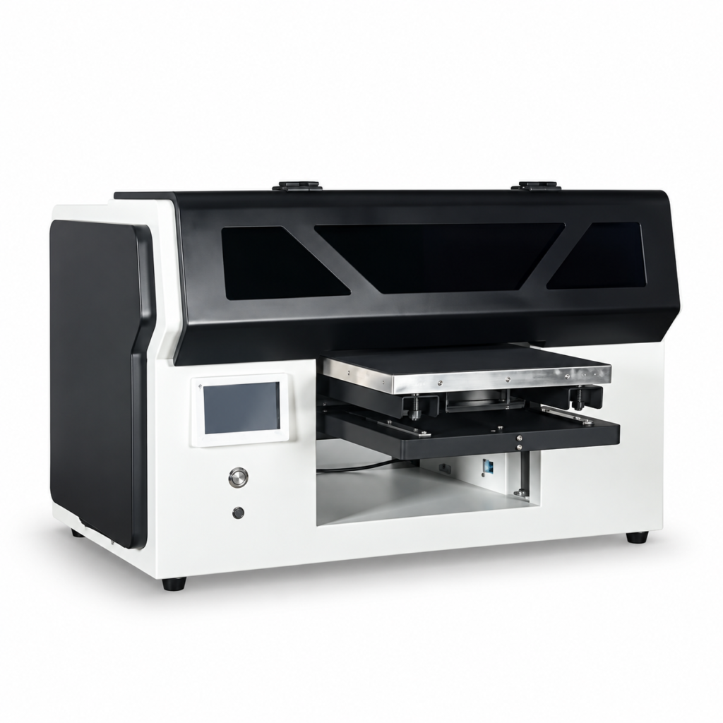 Front-left view of the FJ-3050UV printer with its black side panel and open upper hood