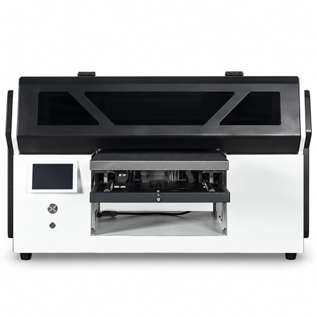 Front view of the black-and-white FJ-3050UV desktop UV flatbed printer