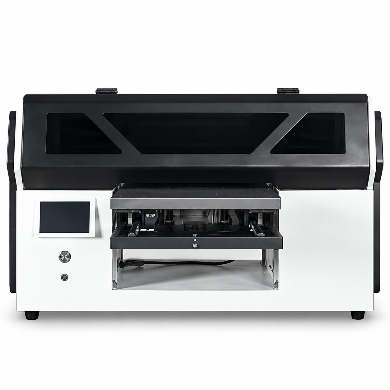 Front view of the black-and-white FJ-3050UV desktop UV flatbed printer