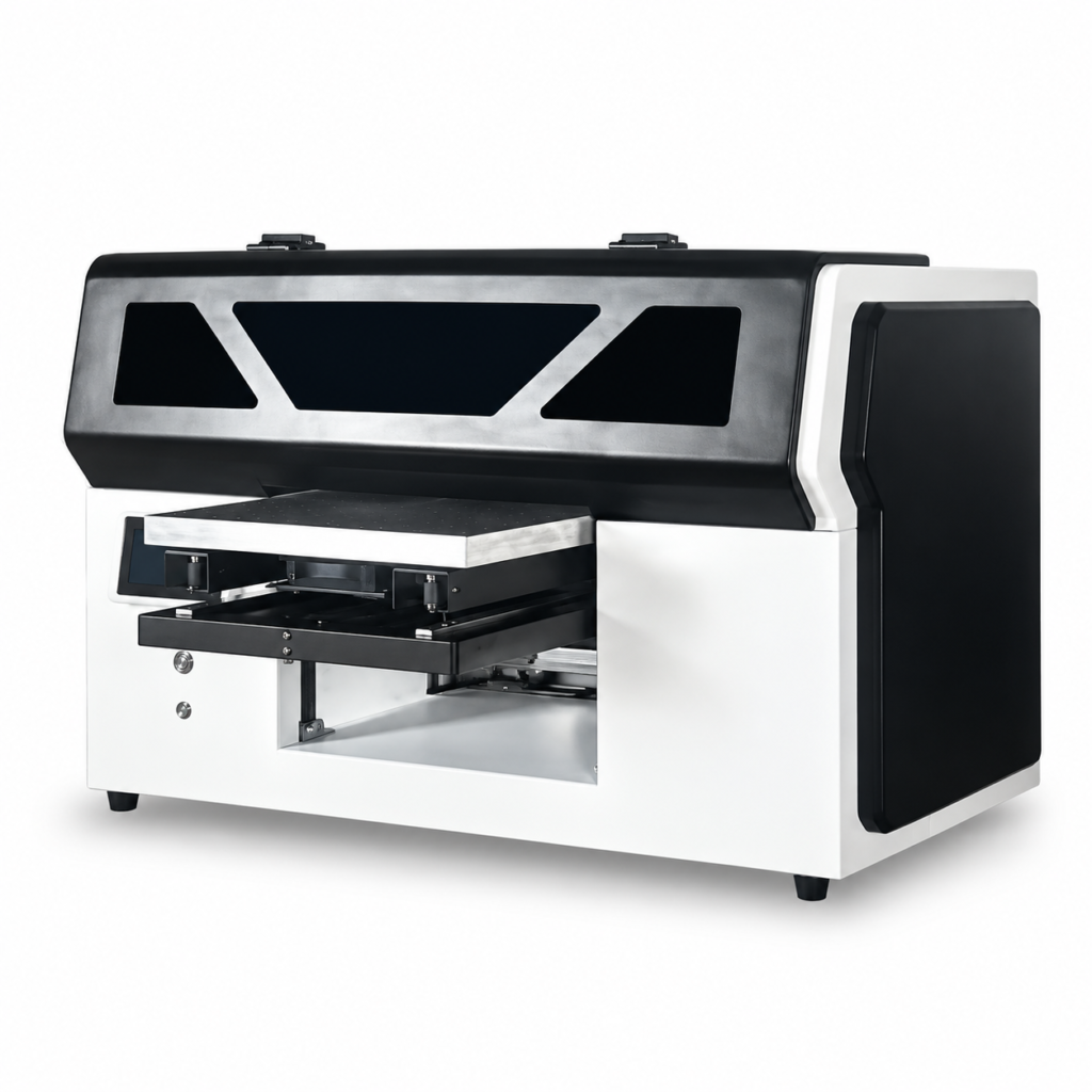 Front-right view of the FJ-3050UV printer showing its print platform and right side panel